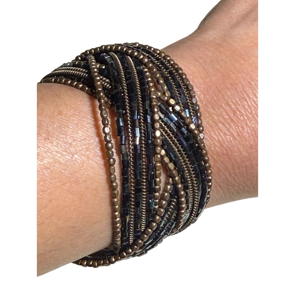 Vtg Multi-Strand Beaded Cuff Bracelet Bronze Black Seed Bugle Beads Boho Jewelry